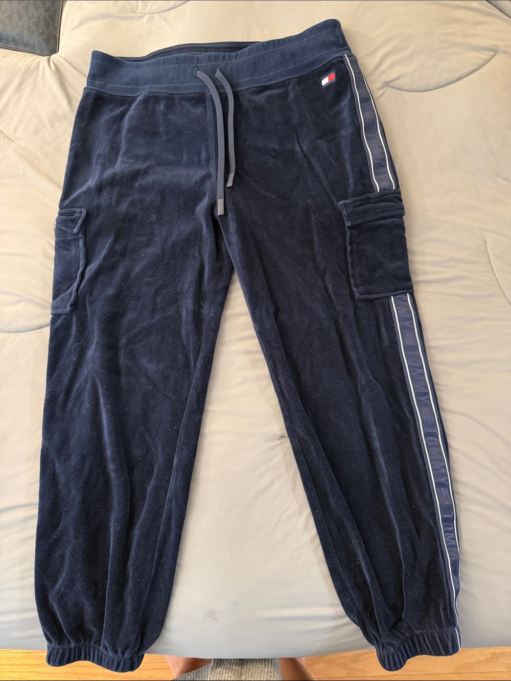 Tommy Hilfiger Men's Navy Velour Cargo Joggers with Side Stripe
